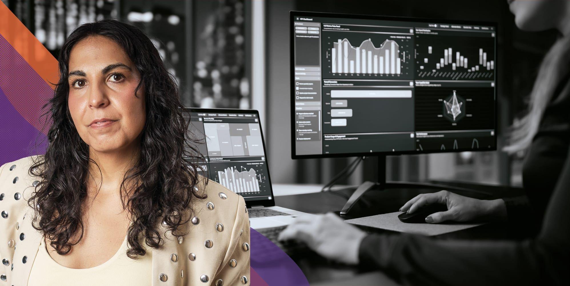 kvinna vid dator med grafer och staplar