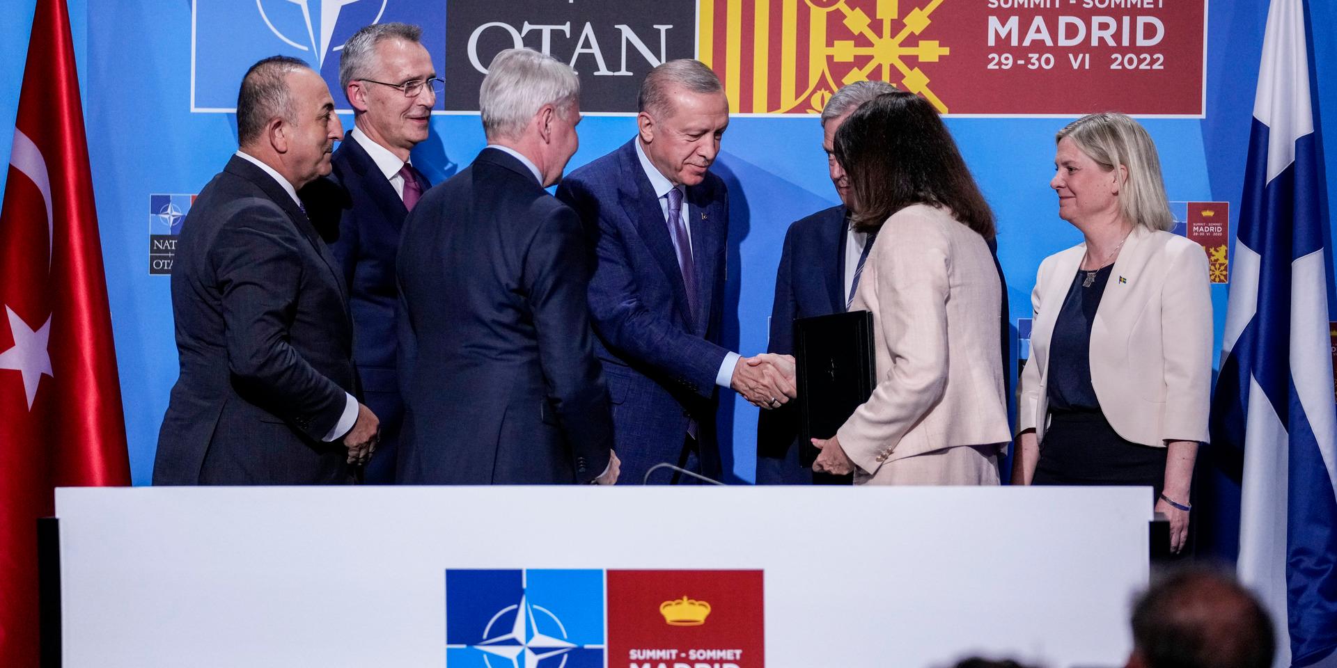 Turkiets president Recep Tayyip Erdogan skakar hand med utrikesminister Ann Linde (S) under ett Nato-möte i Madrid i juni, tidigare i år. 