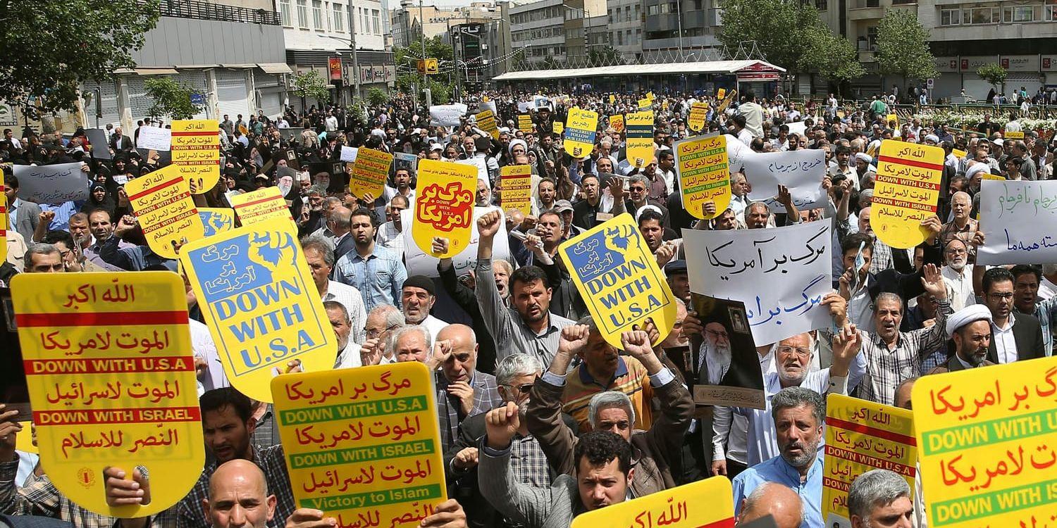Demonstrationer i Teheran mot USA och mot Israel tidigare i maj. Arkivbild.