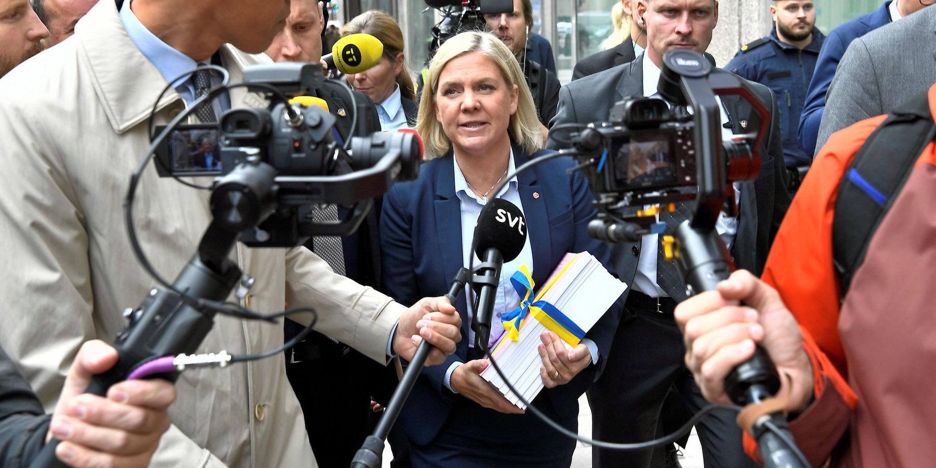 Finansminister Magdalena Andersson (S) kommer till riksdagshuset för att presentera budgetpropositionen för 2020.
