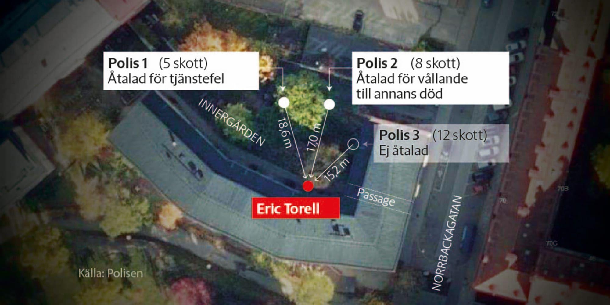 Bilden visar var Eric Torell och polismännen som avlossade skotten befann sig när skotten avlossades i Vasastan den 2 augusti 2018. 