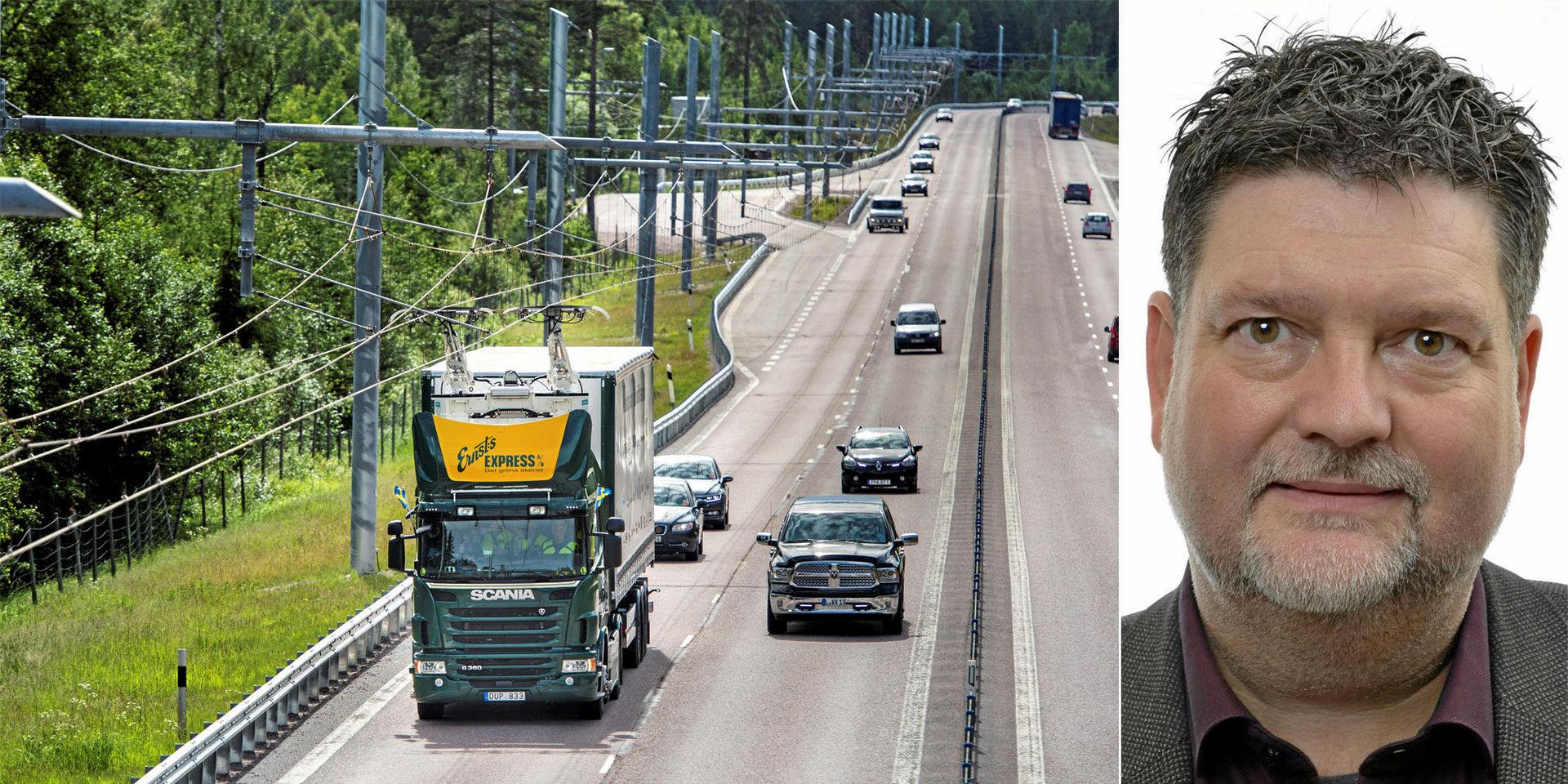 Magnus Jacobsson (KD), riksdagsledamot och 2 :e vice ordförande i trafikutskottet. Elmotorväg på försök på E16 utanför Sandviken.