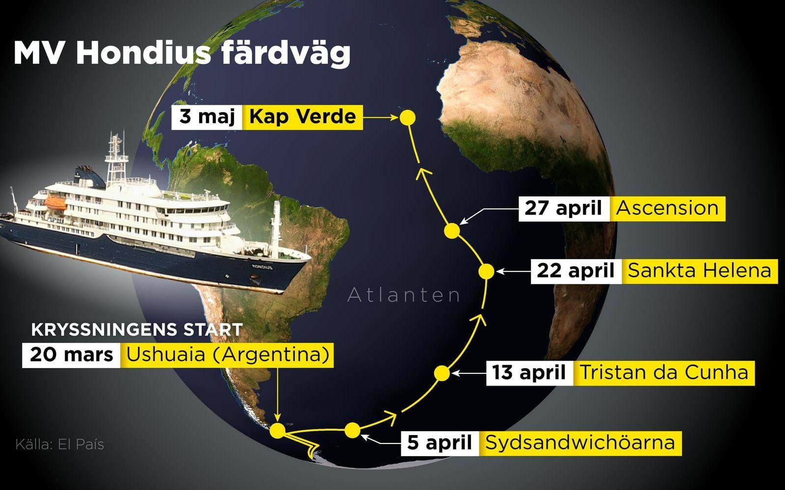 Det virusdrabbade kryssningsfartyget MV Hondius färdväg från Argentina till Kap Verde.