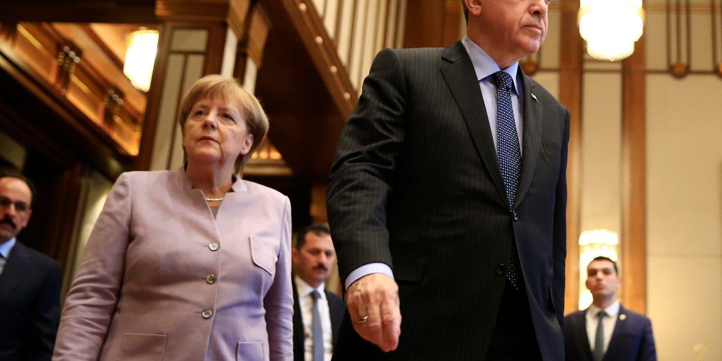 Tysklands förbundskansler Angela Merkel och Turkiets president Recep Tayyip Erdogan i Ankara i februari 2017. Arkivbild.
