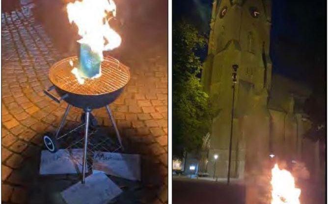 Skärmbild från filmen på koranbränningen utanför Linköpings domkyrka, som publicerades på Youtube i september 2020. Bild från polisens förundersökningsprotokoll.