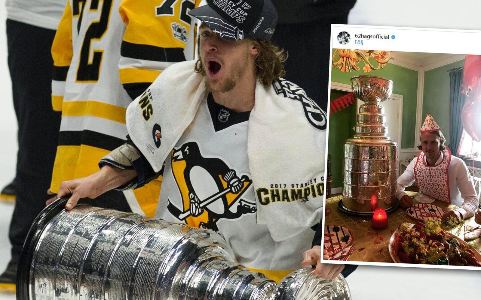 Pittsburghs Carl Hagelin tog med Stanley Cup-bucklan till Nykvarn. Bild: Bildbyrån/Instagram
