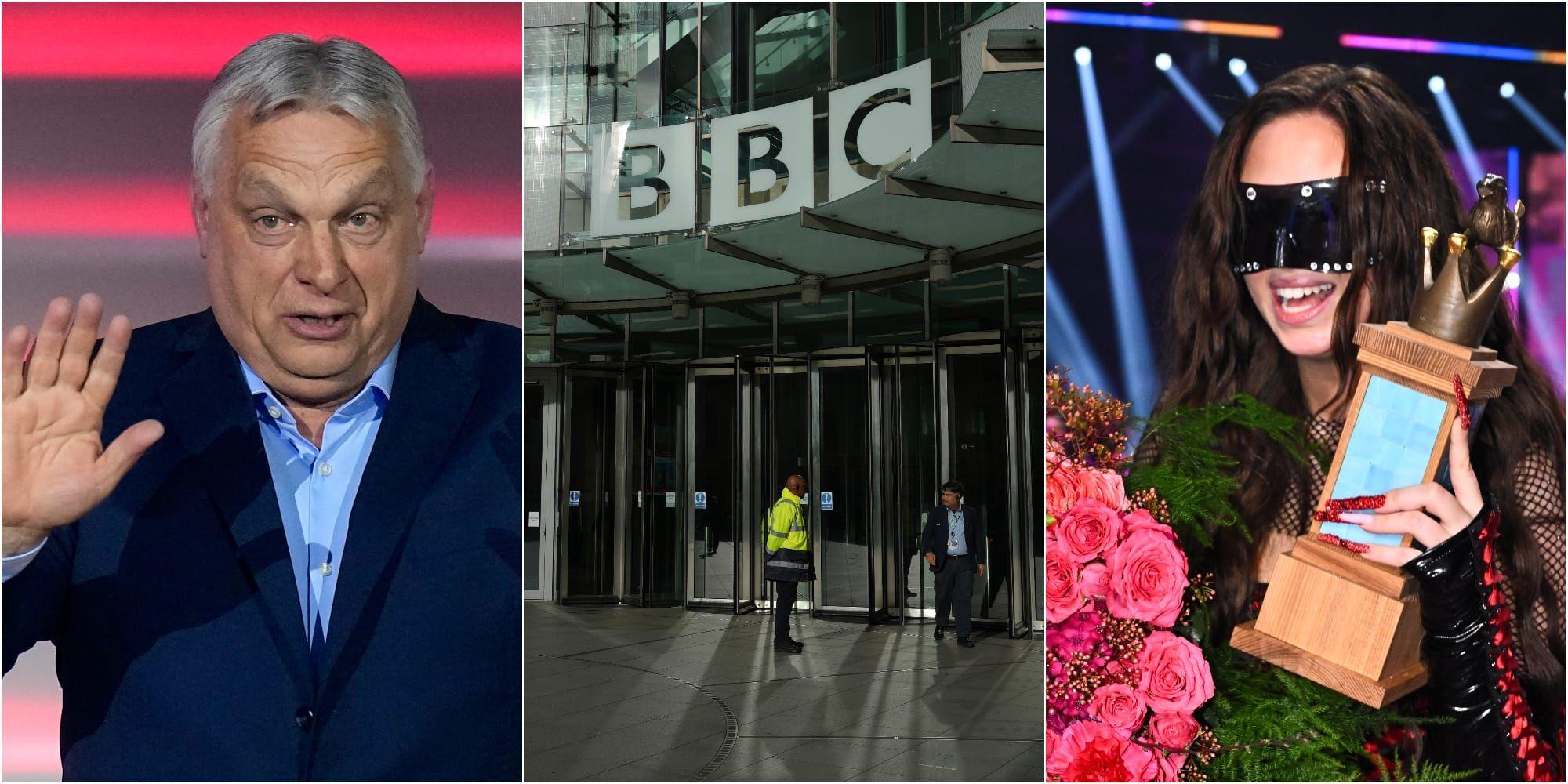 Ett montage av Viktor Orbán, BBC:s fasad och Melloartisten Felicia. 