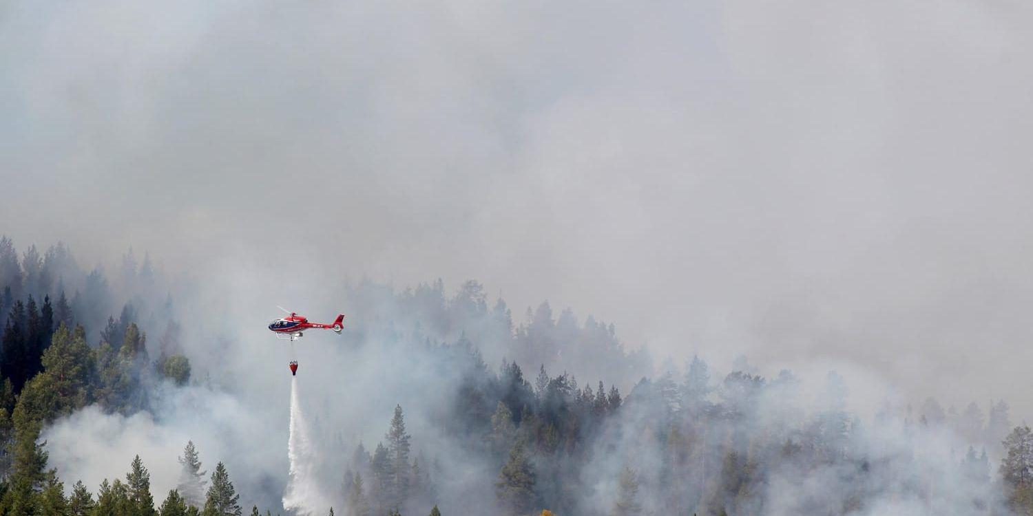 Helikoptrar vattenbombar en skogsbrand utanför Hammarstrand i Jämtland i somras. Arkivbild.