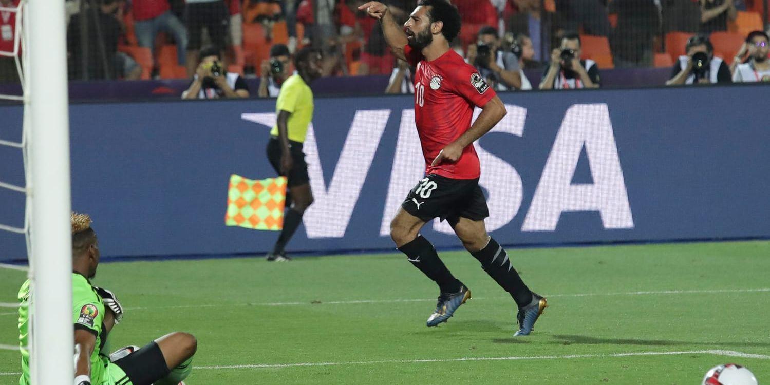 Egyptens Mohamed Salah firar sitt 2–0-mål i segermatchen mot Kongo-Kinshasa.