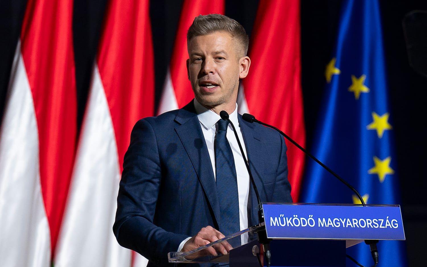 Oppositionsledaren Péter Magyar under ett valtal i Budapest i mitten av februari.