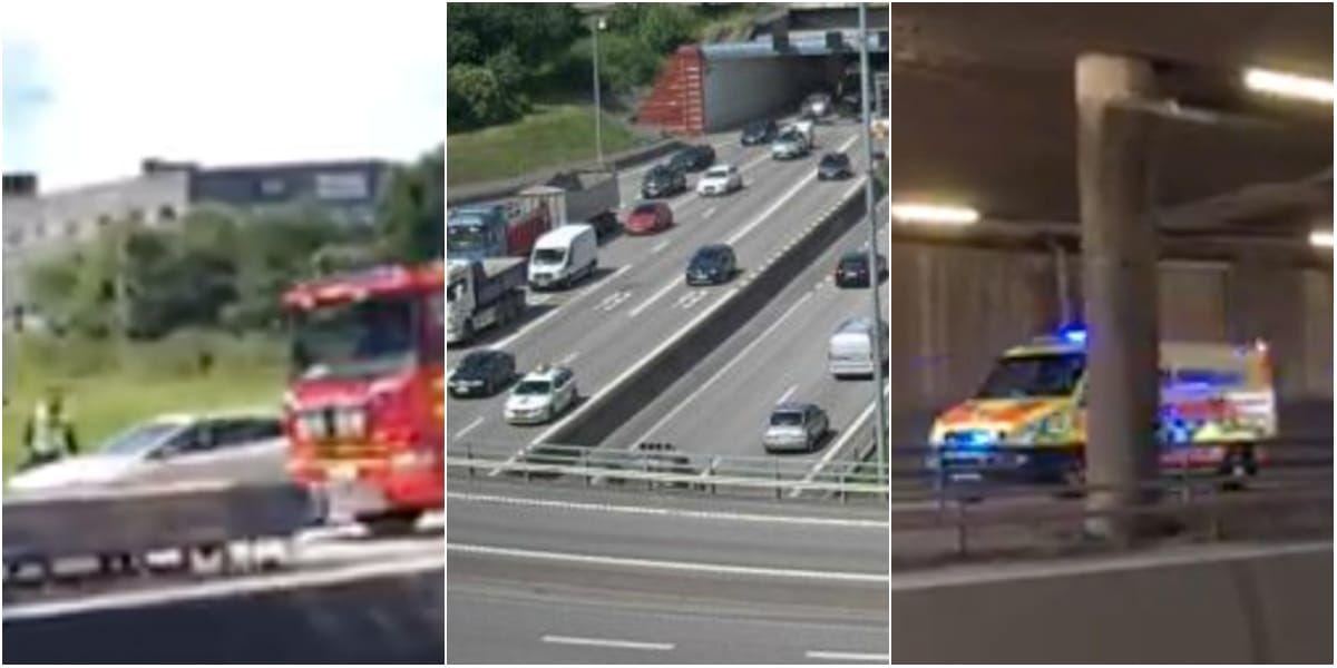 Minst tre bilar har krockat samman längs E6 söder om Tingstadstunneln. FOTO: Läsarbilder/Trafikverket. 
