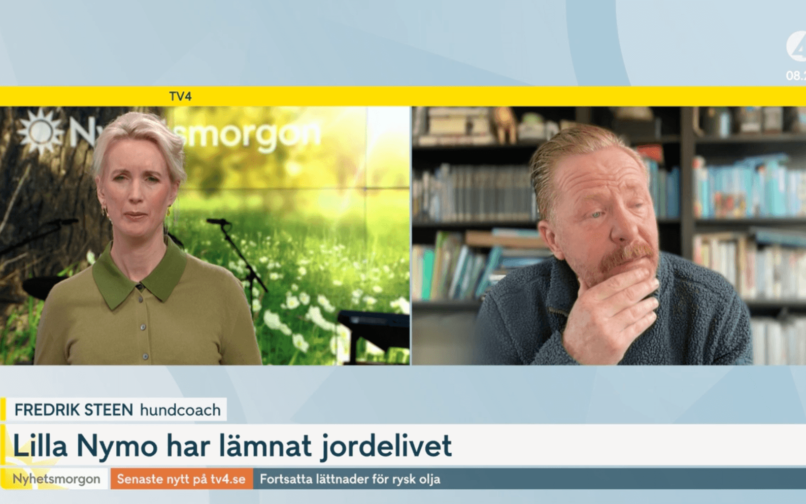 Hundcoachen Fredrik Steen kämpade mot tårarna under hela intervjun i Nyhetsmorgon på TV4.