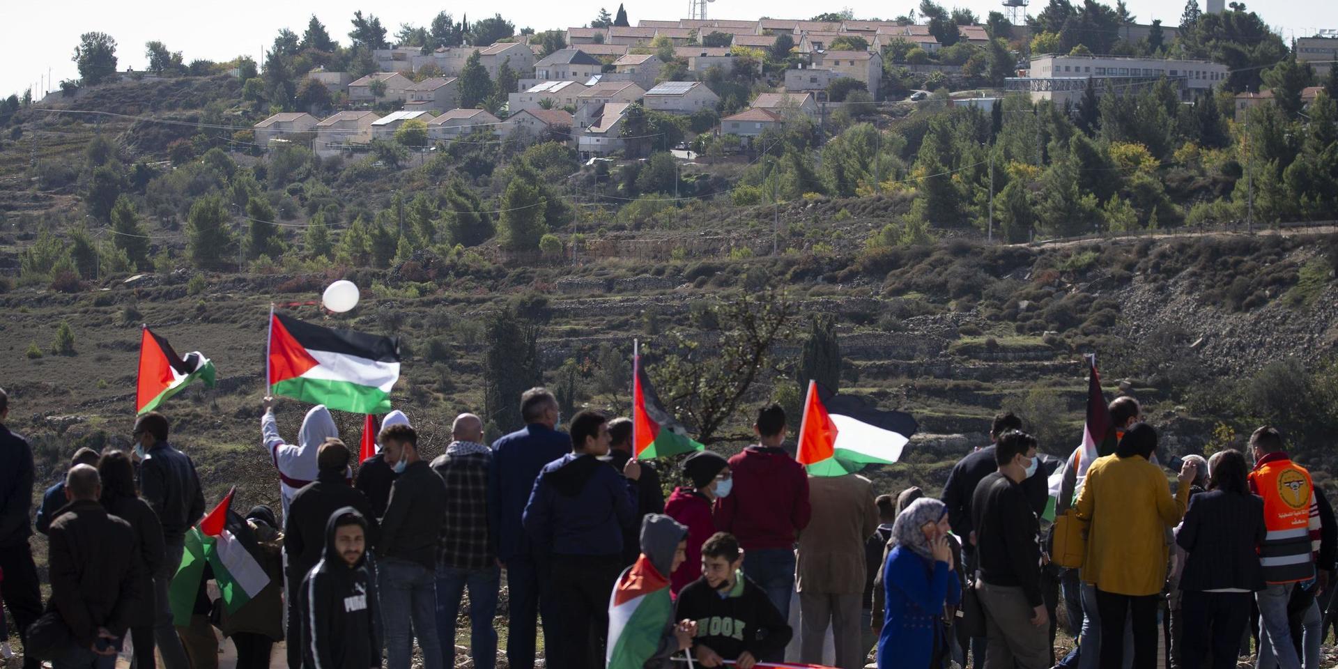 Palestinska protester vid bosättningen Psagot, inför Mike Pompeos besök.