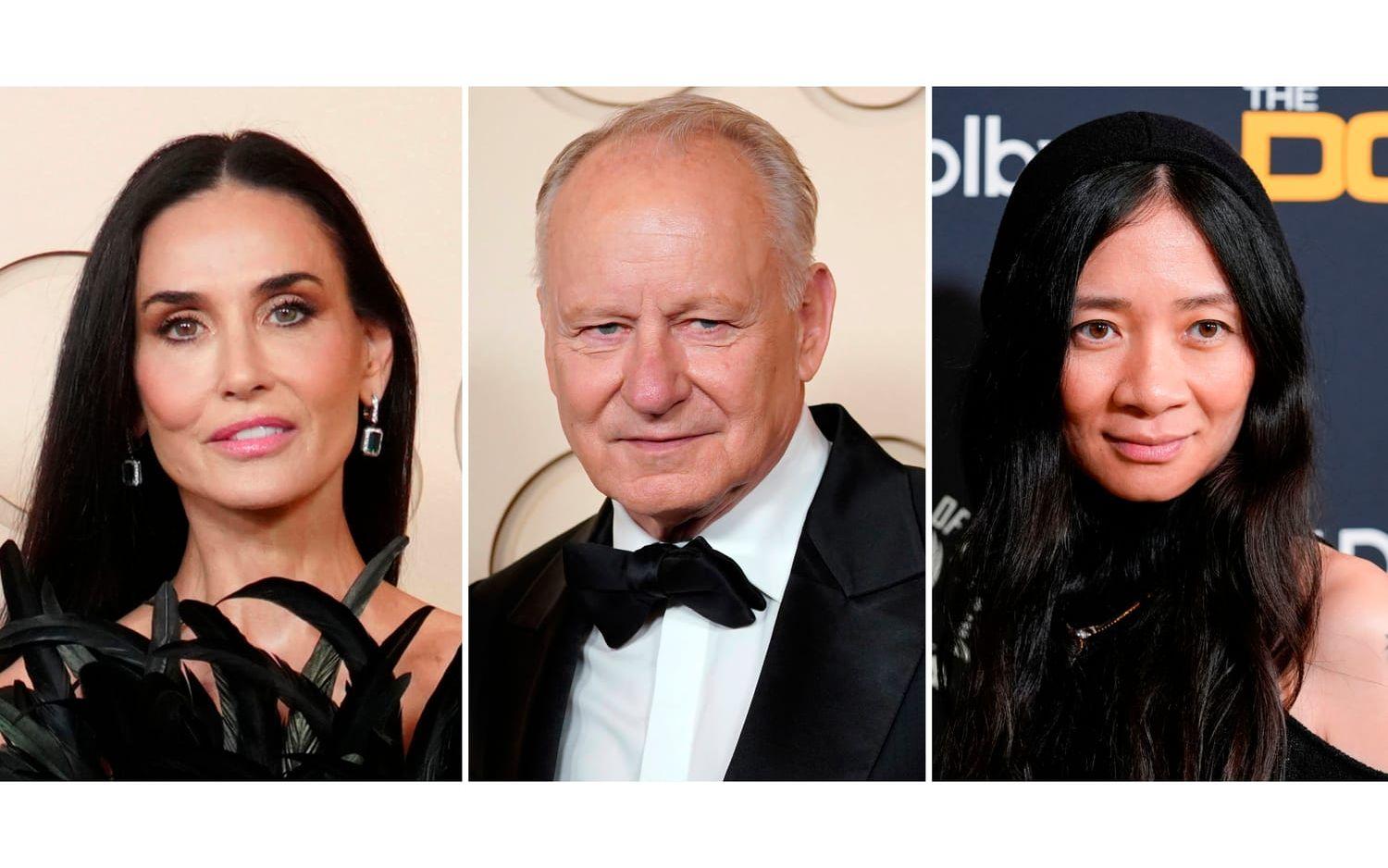 Delar av årets Cannesjury. Från vänster: Demi Moore, Stellan Skarsgård, Chloé Zhao.