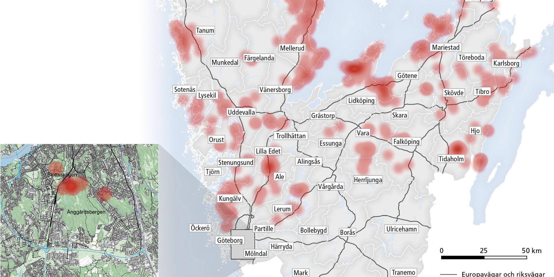 De röda områdena klassas i år som riskområden för att bli smittad av TBE av Västra Götalandsregionen. 