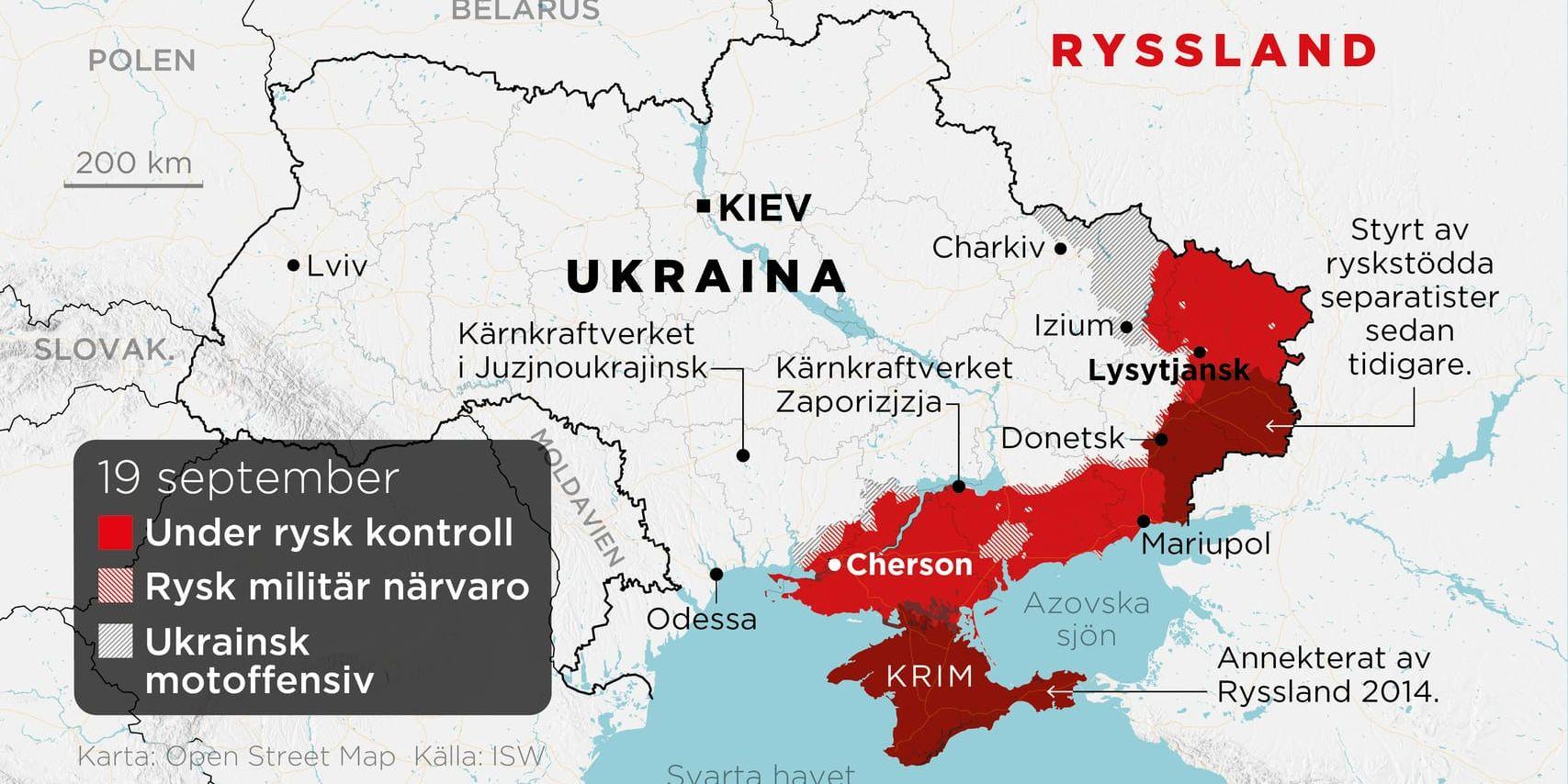 Områden under rysk kontroll, områden med rysk militär närvaro och områden som Ukraina har tagit tillbaka, enligt analyser från den 19 september.