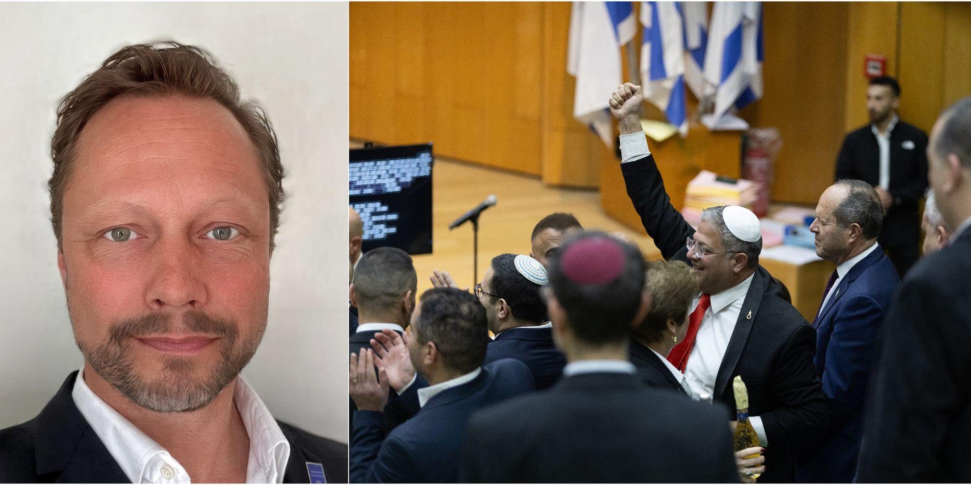 Bildkollage på debattören Mats Bjur samt en bild från Knesset i Israel efter att en lag om dödsstraff för de som döms för att ha utfört terrordåd och dödat israeler.