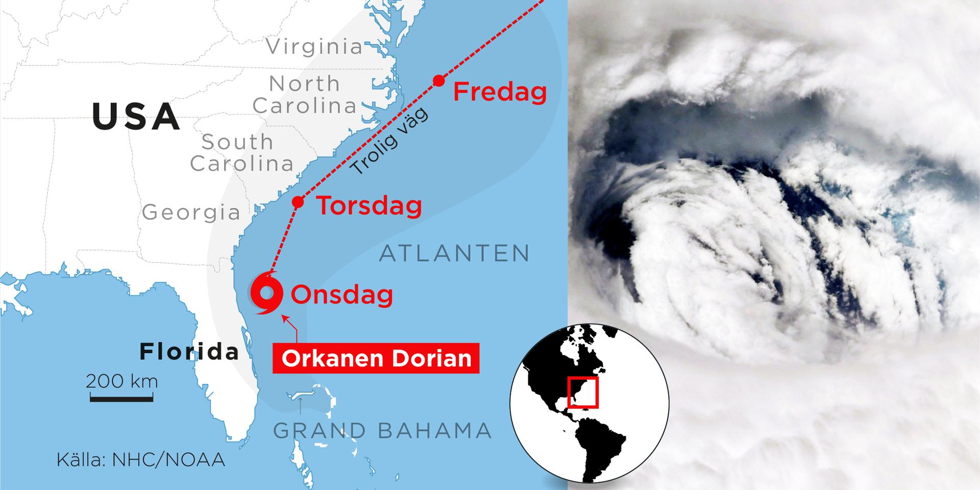 Just nu befinner sig Dorian utanför norra Floridas östkust, och förväntas röra sig uppåt längs med kusten.