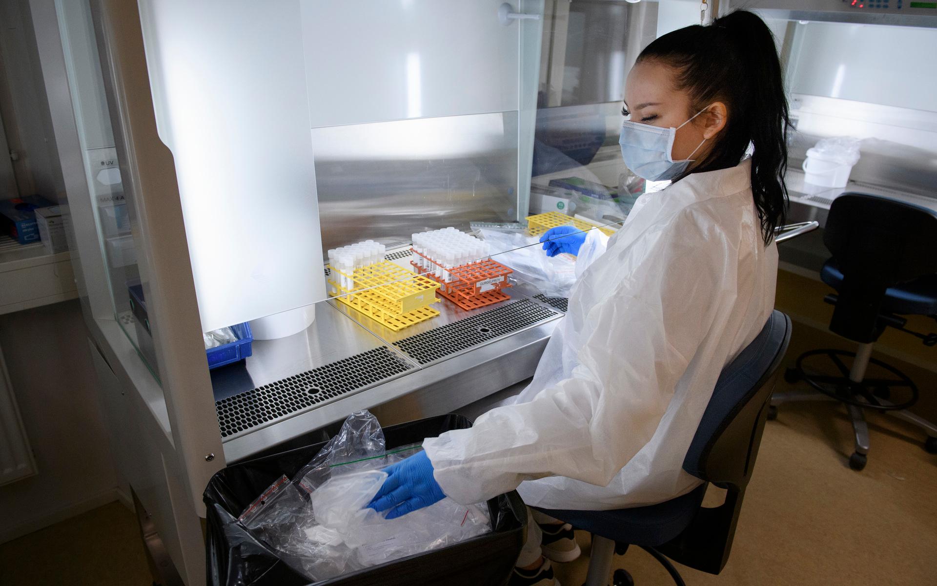 Daniela Rodriguez Mäki packar upp och kontrollerar att provrören är korrekta när de kommer in. Varje dag får de in 11 000 prover.