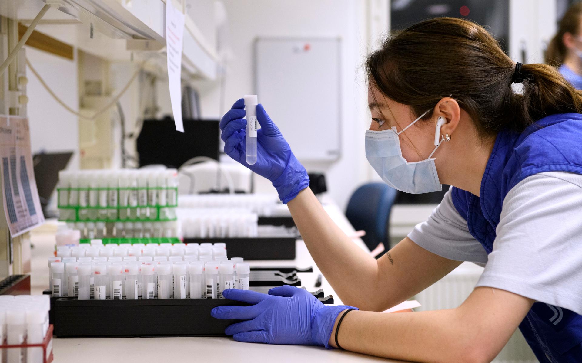 Chiara Conti på masstestningslaboratoriet på Karolinska universitetssjukhuset i Solna är en av dem som hanterar de tusentals coronatester som kommer in för analys varje dag.