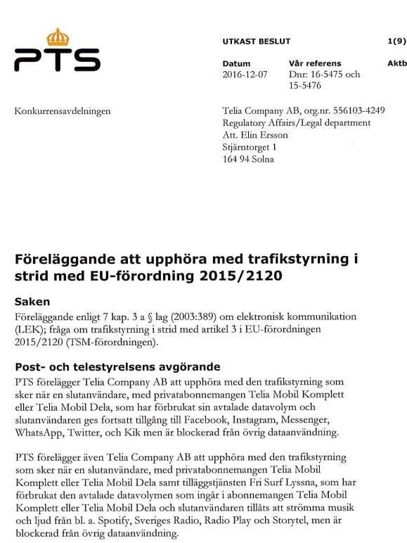 Telia har fram till början av januari på sig att kommentera beslutsutkastet. Foto: Skärmdump / pts.se