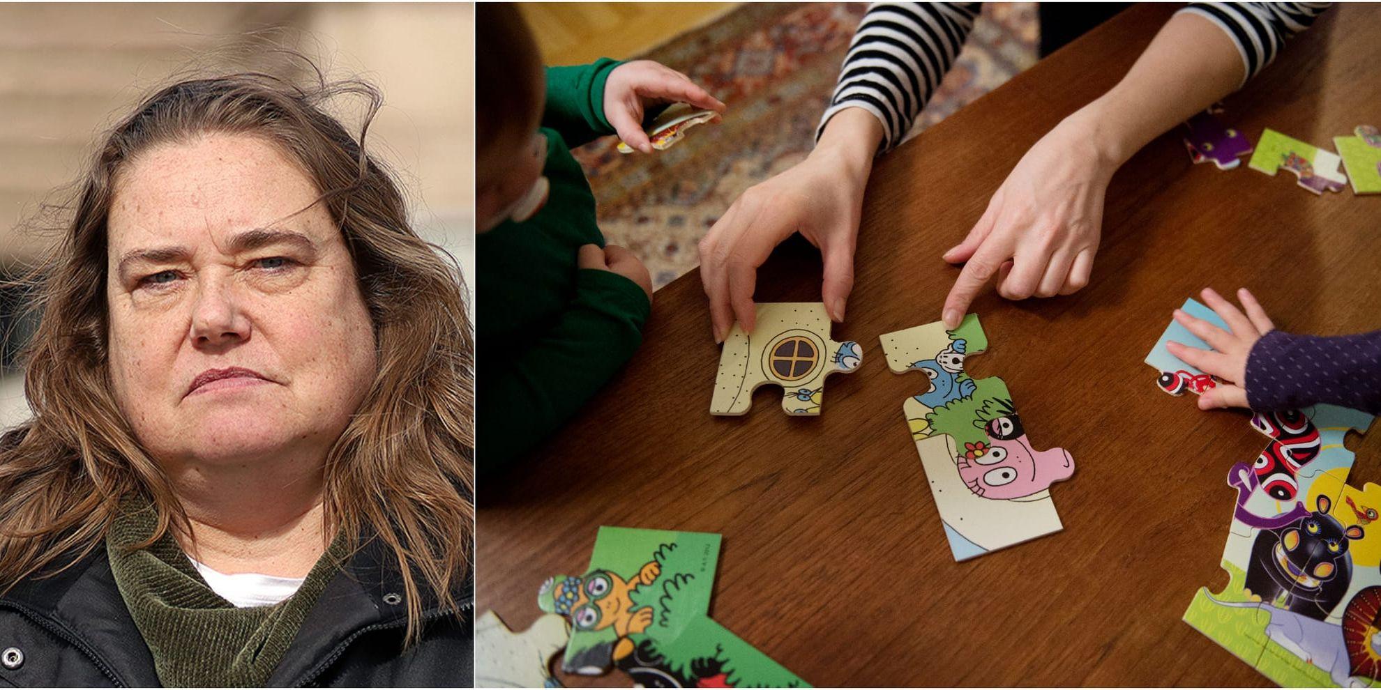 Bildkollage på Christina Olsson från Makalösa föräldrar samt en bild på en mamma som lägger pussel med sina två barn.