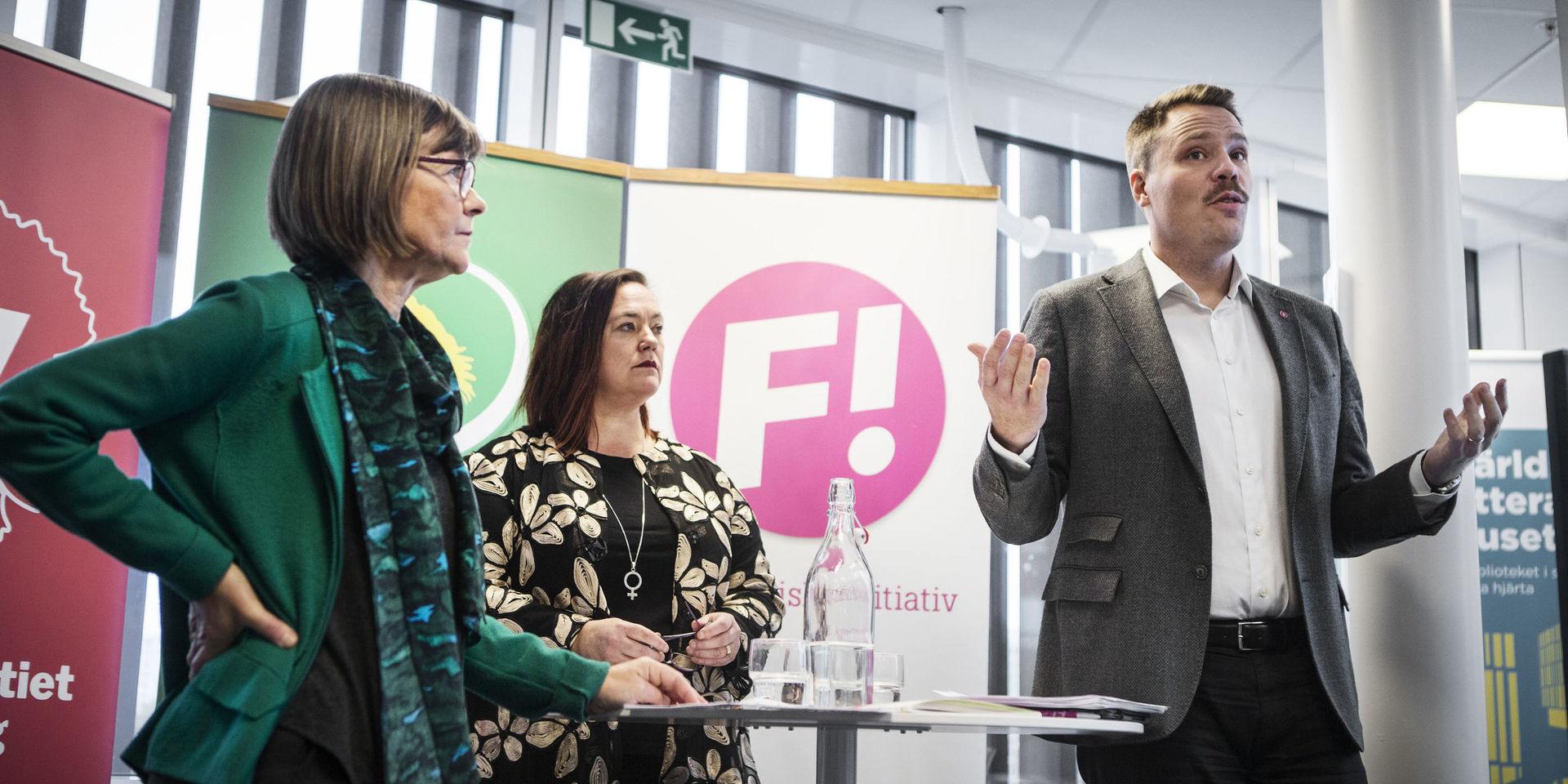 De rödgrönrosa får lämna Göteborgs stads politiska coronagrupp. Karin Plejel (MP), Daniel Bernmar (V) och Stina Svensson (FI) är gruppledare för respektive parti. 