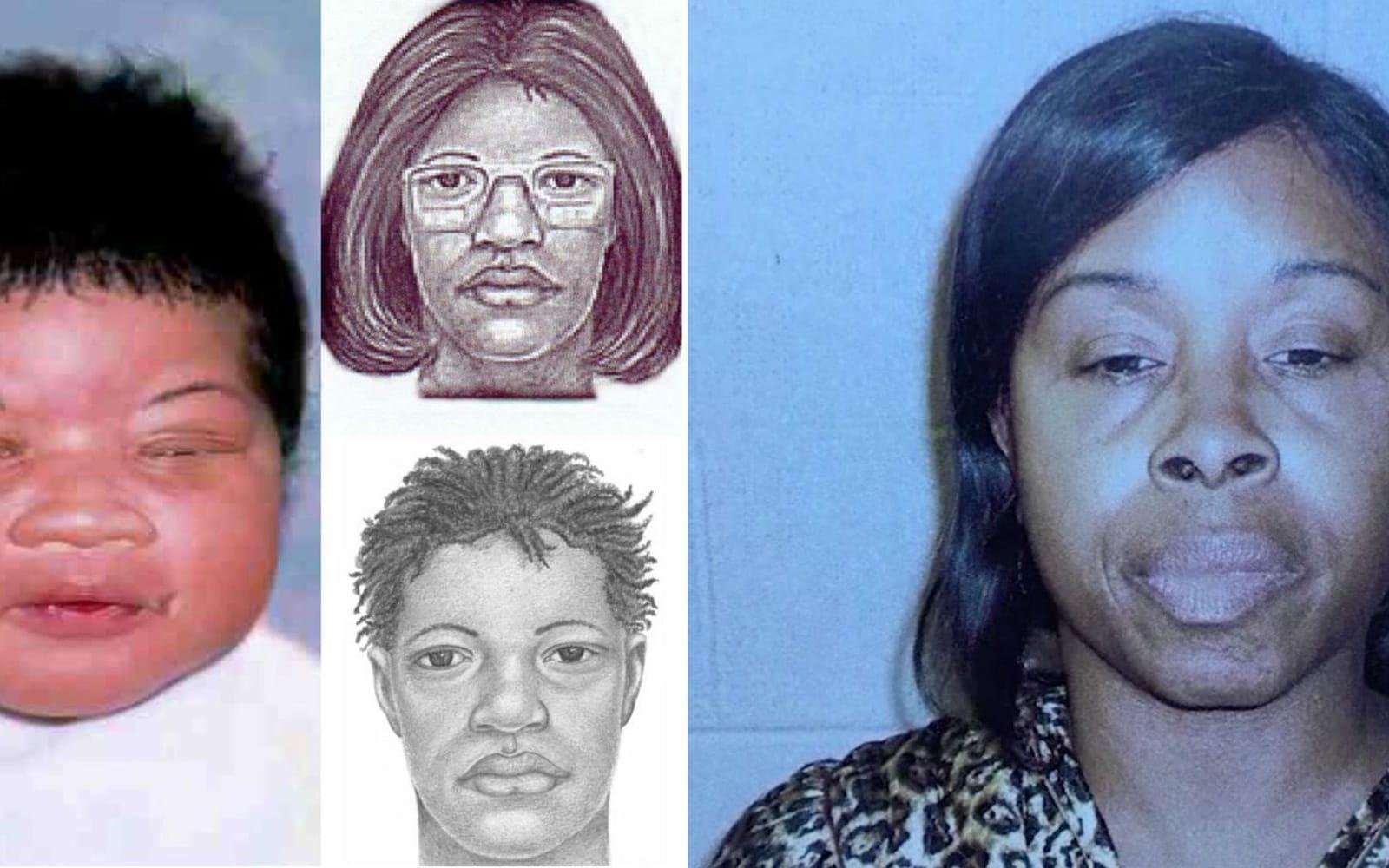 Flickan som hon såg ut som bebis samt polisens skissar över kvinnans om kidnappade henne 1998. Till höger: foto på kvinnan idag. 