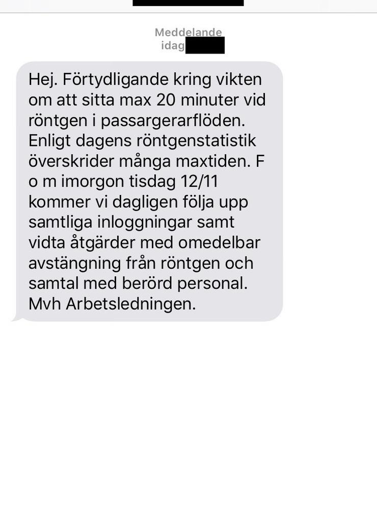 En skärmdump av sms:et som skickades ut till de anställda på Landvetter under måndagen.