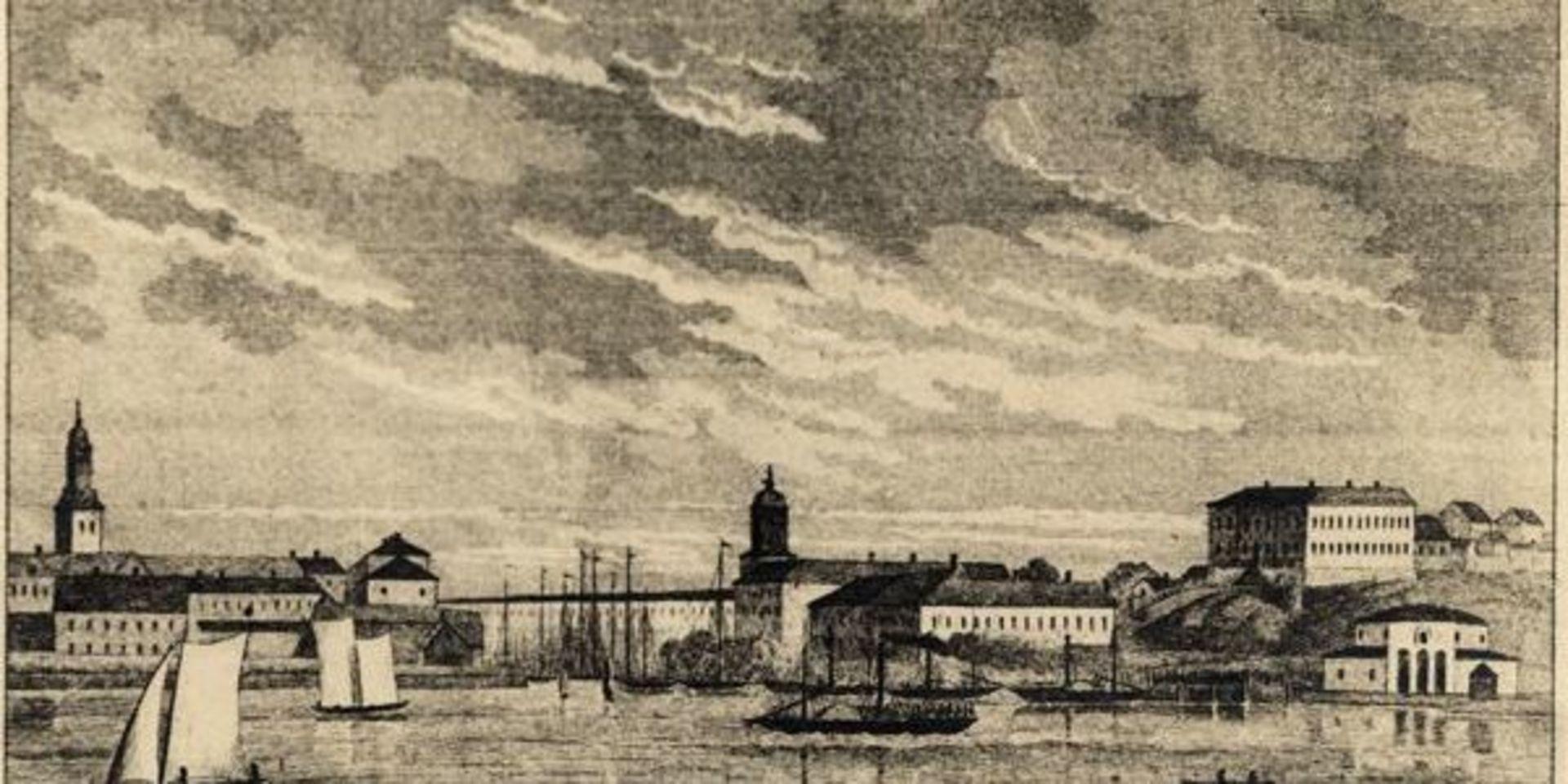 Skeppsbron i mitten av 1800-talet. Ddet runda badhuset syns längst till höger. 