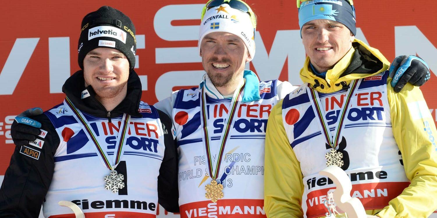 Johan Olsson tog VM-guld på femmilen i Val di Fiemme 2013. Alexej Poltoranin, höger, var då bronsmedaljör. Arkivbild.