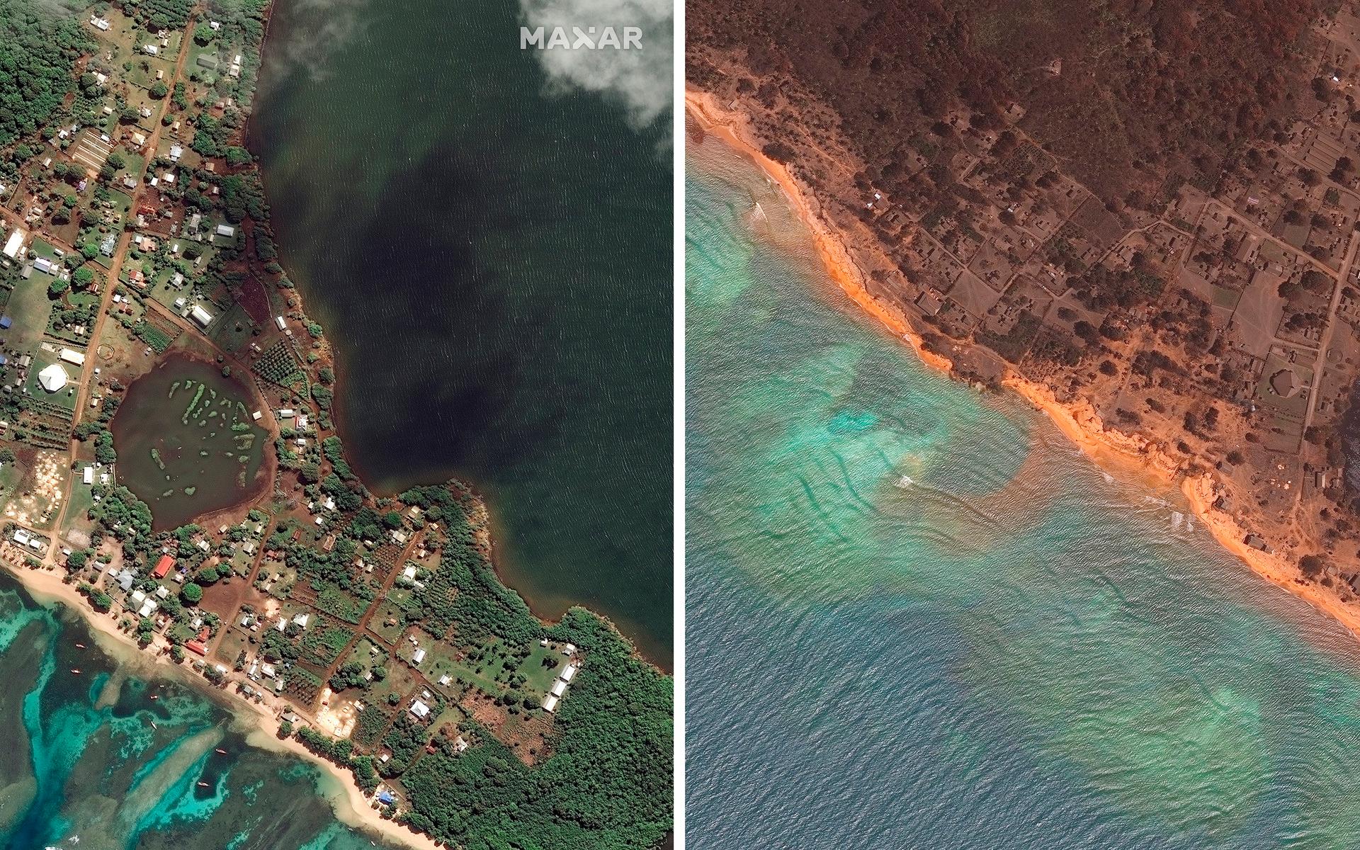 Satellitbilder visar ön Nomuka innan och efter vulkanutbrottet och tsunamin.