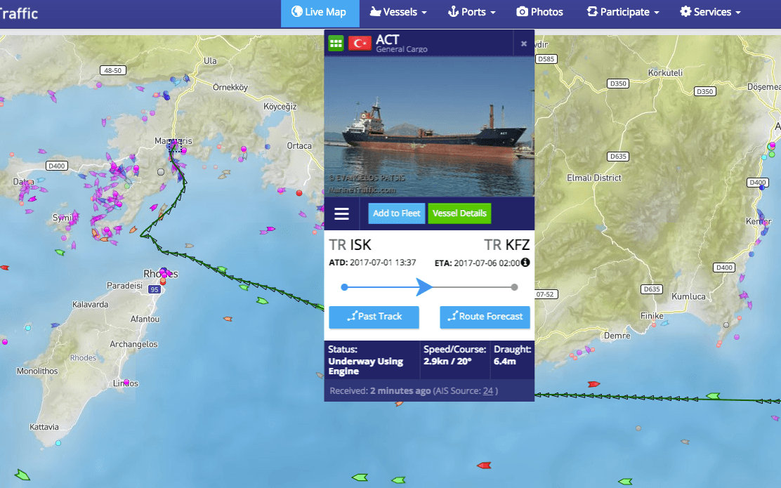 Den grekiska kustbevakningen besköt det turkiska lastfartyget M/V ACT under måndagen. Bild: <a href="https://www.marinetraffic.com/en/ais/home/shipid:334929/zoom:14" target="_blank">Marine traffic</a>
