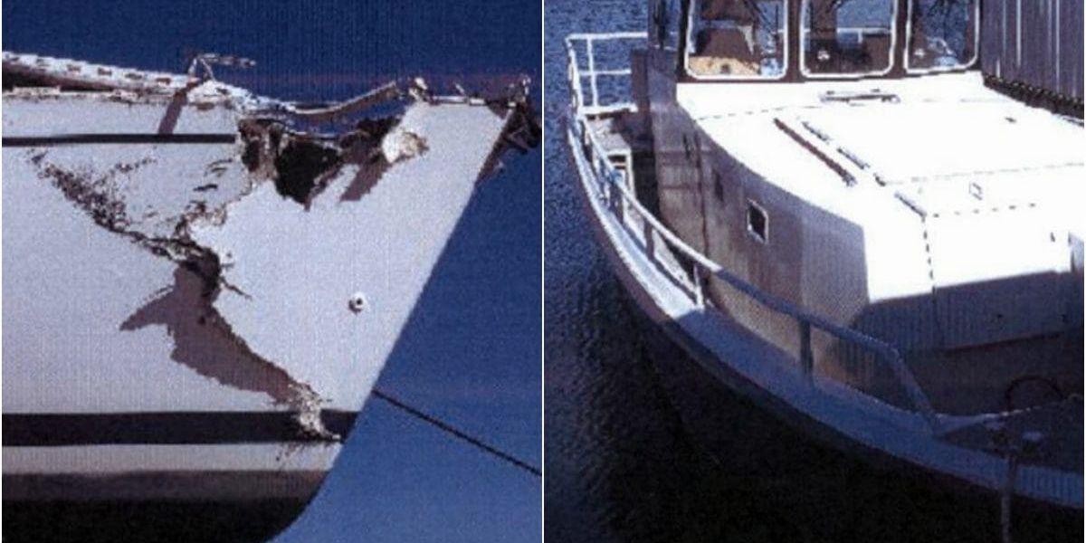 Den skadade segelbåten (till vänster) och Volvo Pentas testbåt (till höger).