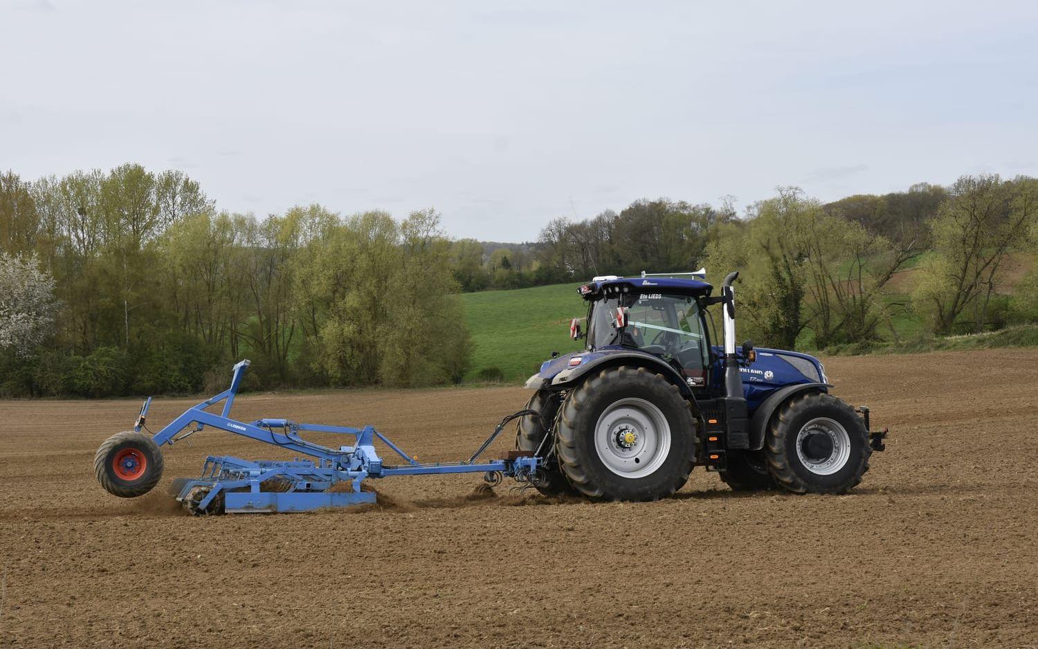 En traktor i farten på grönsaksodlingen La ferme du Peuplier i belgiska Gottechain, några mil öster om Bryssel.