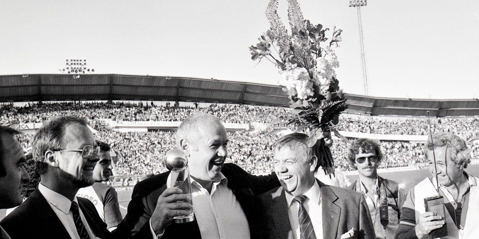 Ingemar Johansson och Åke Lindegarth på Ullevi i samband med en fotbollslandskamp mellan Brasilien och Sverige på Ullevi 1983. 