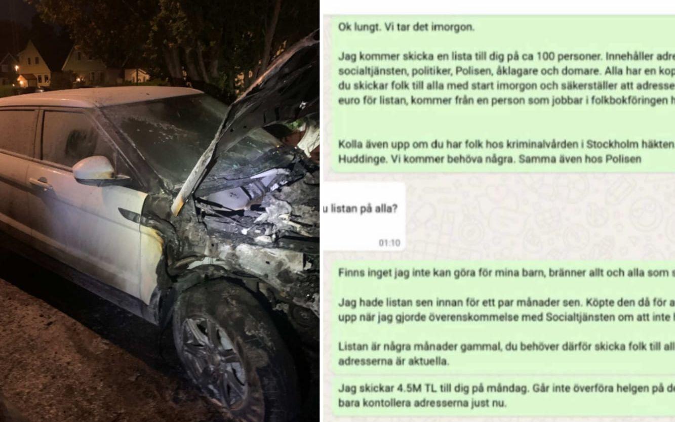 Flera bilar vid de utsatta tjänstemännens bostäder sattes i brand. I meddelanden till en anonym kontakt lovade den misstänkte beställaren att "bränna allt och alla". Foto: Polisen