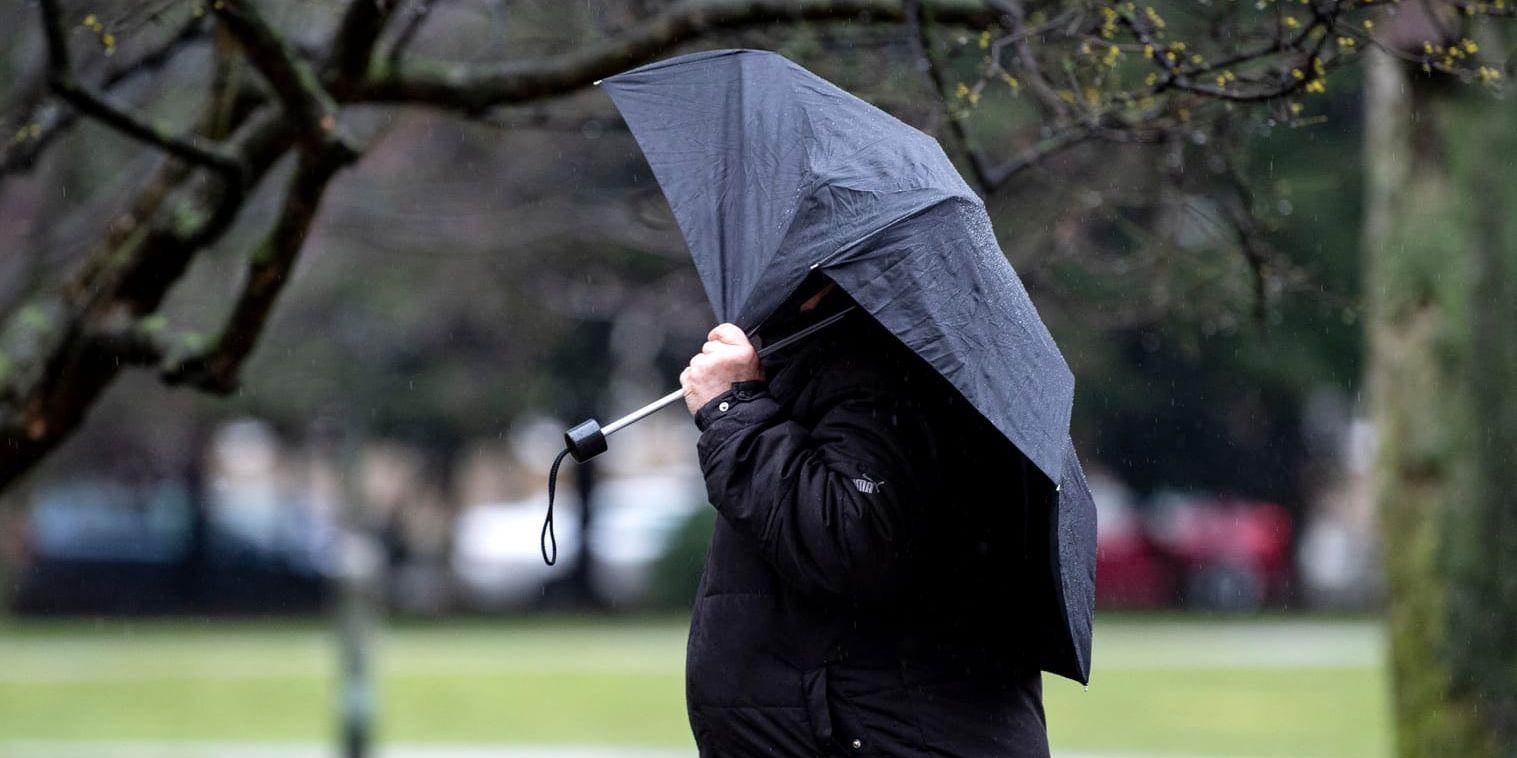 En man under ett paraply när det regnar på tvären i Malmö i mars 2019. Arkivbild.