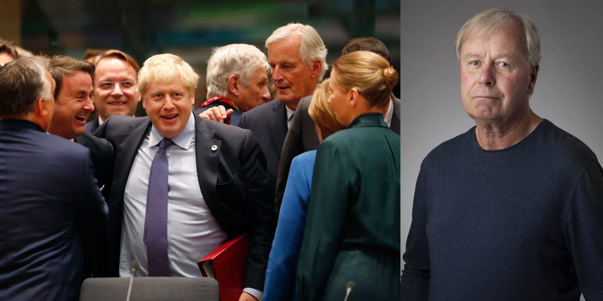 En glad Boris Johnson i Bryssel. Men nu väntar en oviss omröstning i underhuset