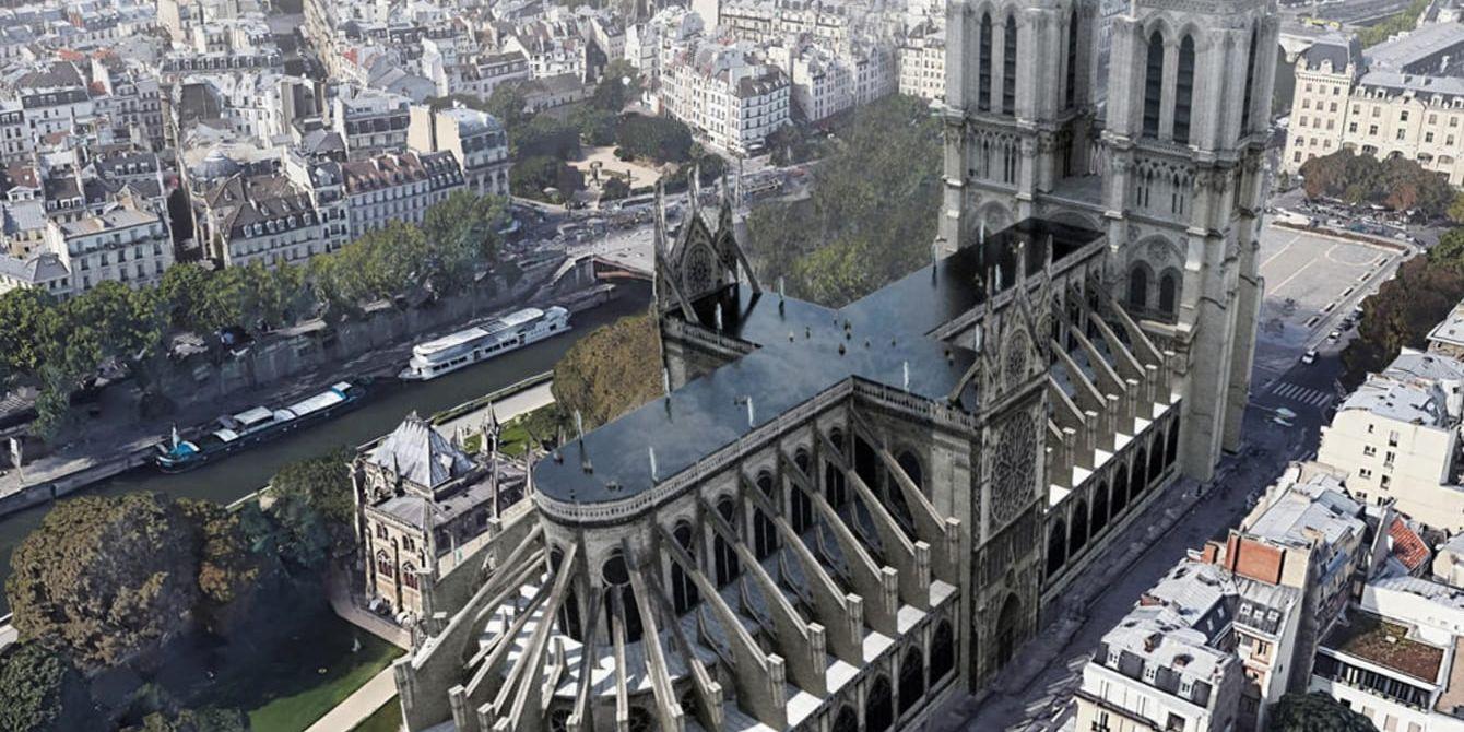 En pool i stället för spira på taket till Notre-Dame är förslaget från svenska arkitektfirman UMA. Pressbild.