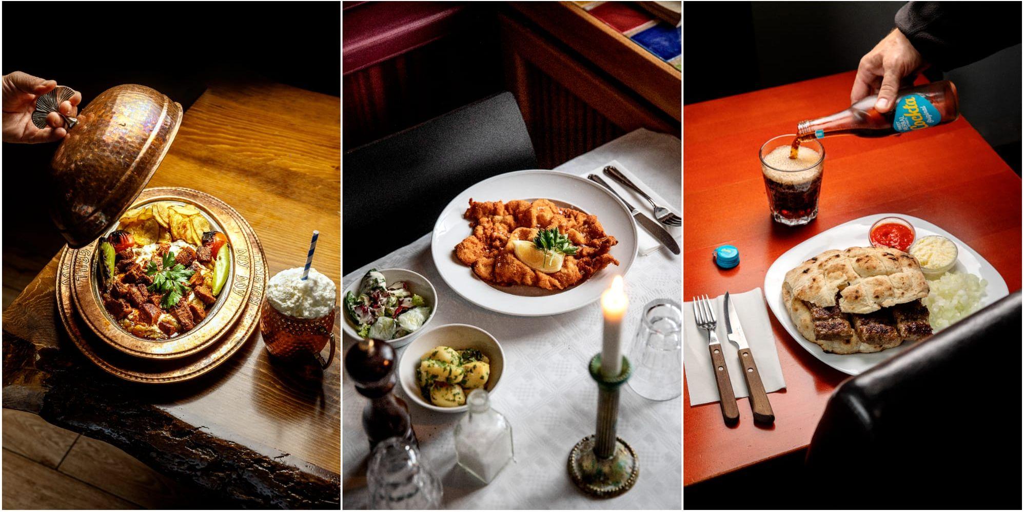 Tre bilder på olika maträtter. 