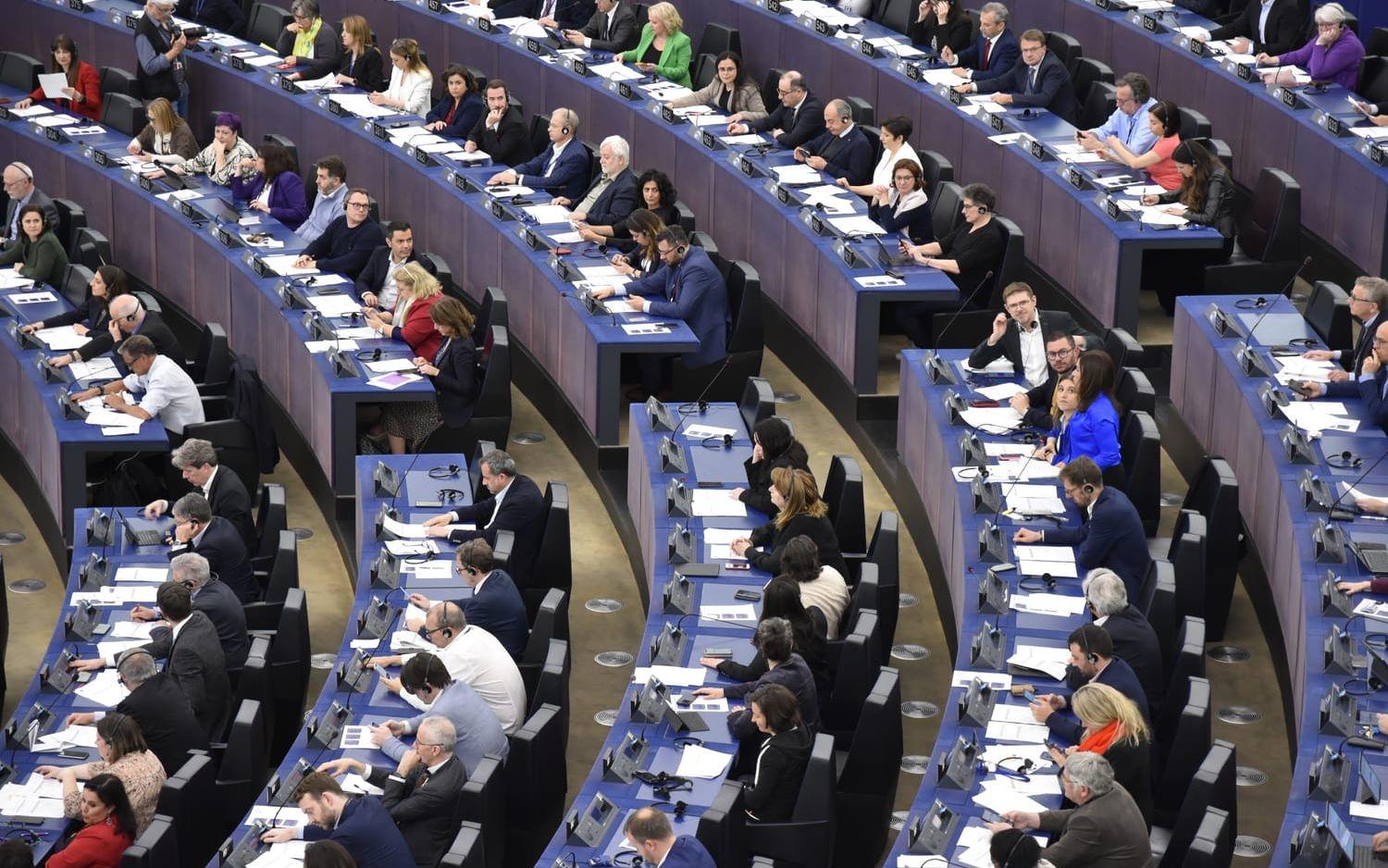 EU-parlamentets ledamöter på plats inne i plenisalen i Strasbourg 2024. Arkivbild.