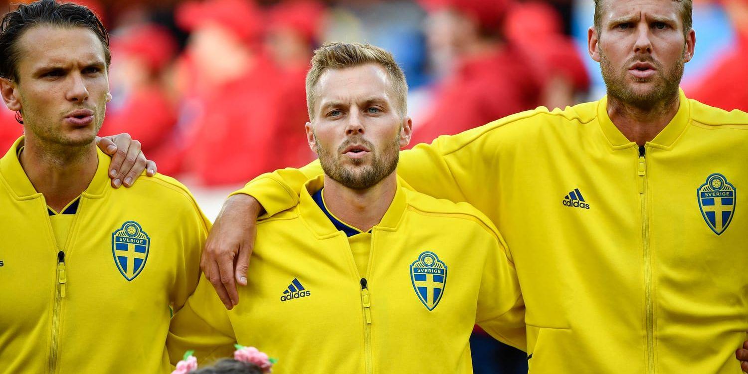 Sveriges Albin Ekdal, Sebastian Larsson och Ola Toivonen under fotbolls-VM i Ryssland. Arkivbild.