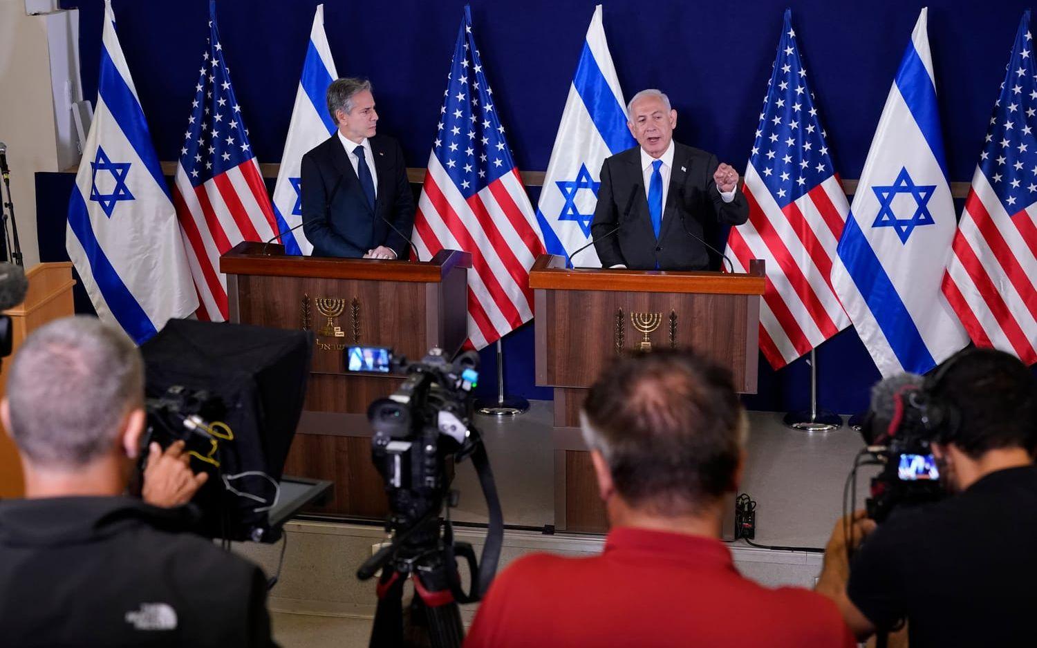 USA:s utrikesminister Antony Blinken under sin presskonferens tillsammans med Israels premiärminister Benjamin Netanyahu på torsdagen.