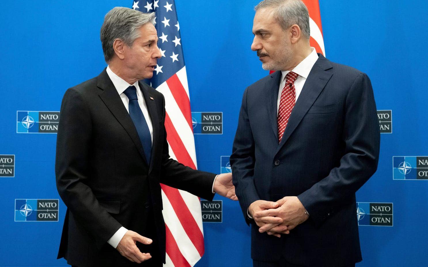 USA:s utrikesminister Antony Blinken och Turkiets utrikesminister Hakan Fidan. Arkivbild.