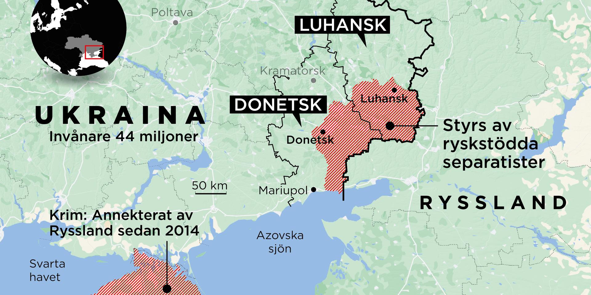 Utbrytarrepublikerna Luhansk och Donetsk i östra Ukraina. 
