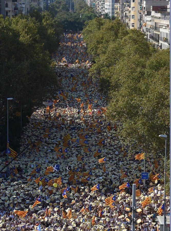 I fem olika städer i Katalonien firades nationaldagen med massdemonstrationer, men ingenstans var de lika massiva som i Barcelona. Bild: TT