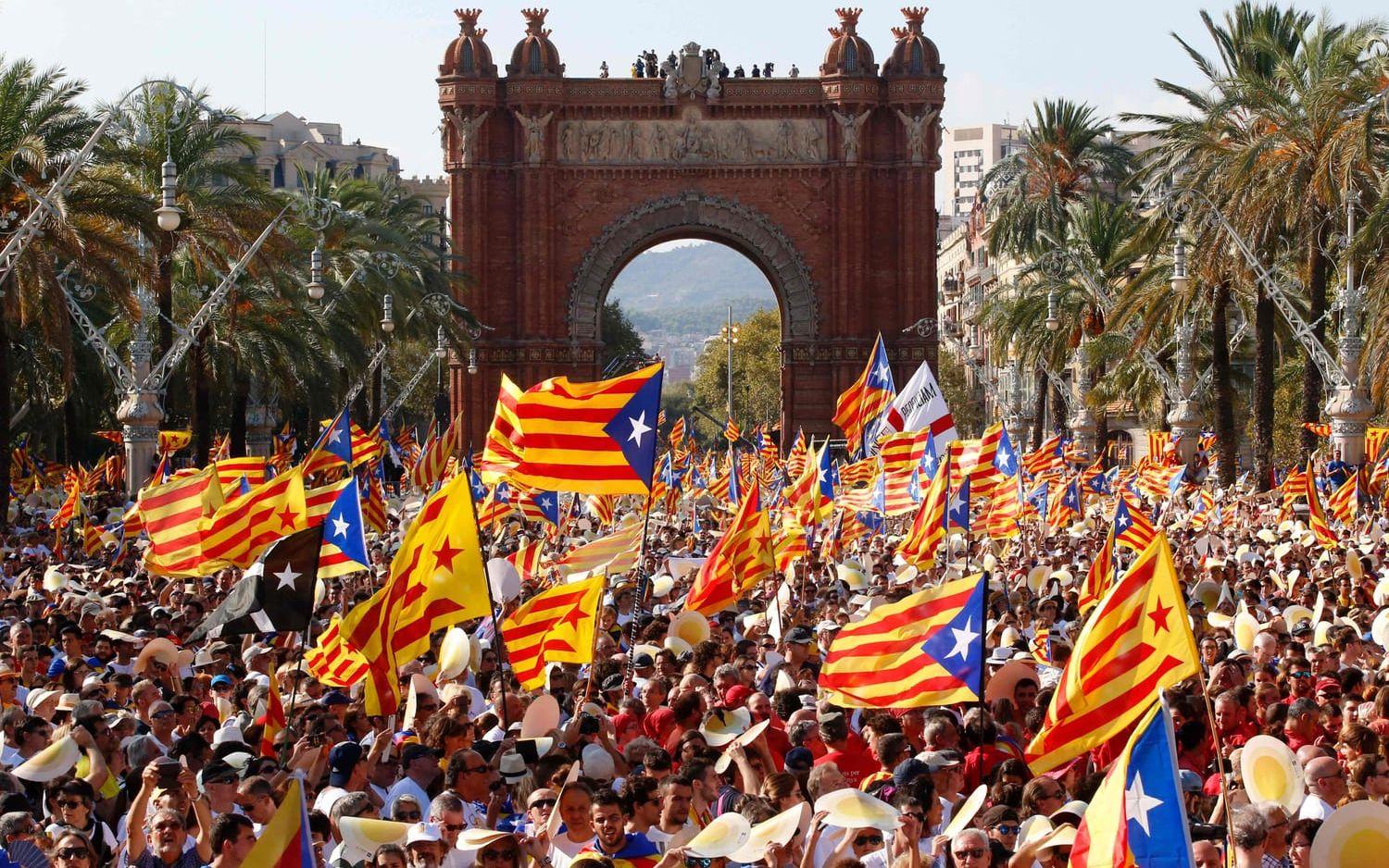 Palmer och historiska byggnader utgjorde en vacker fond till det katalanska nationaldagsfirandet. Bild: TT