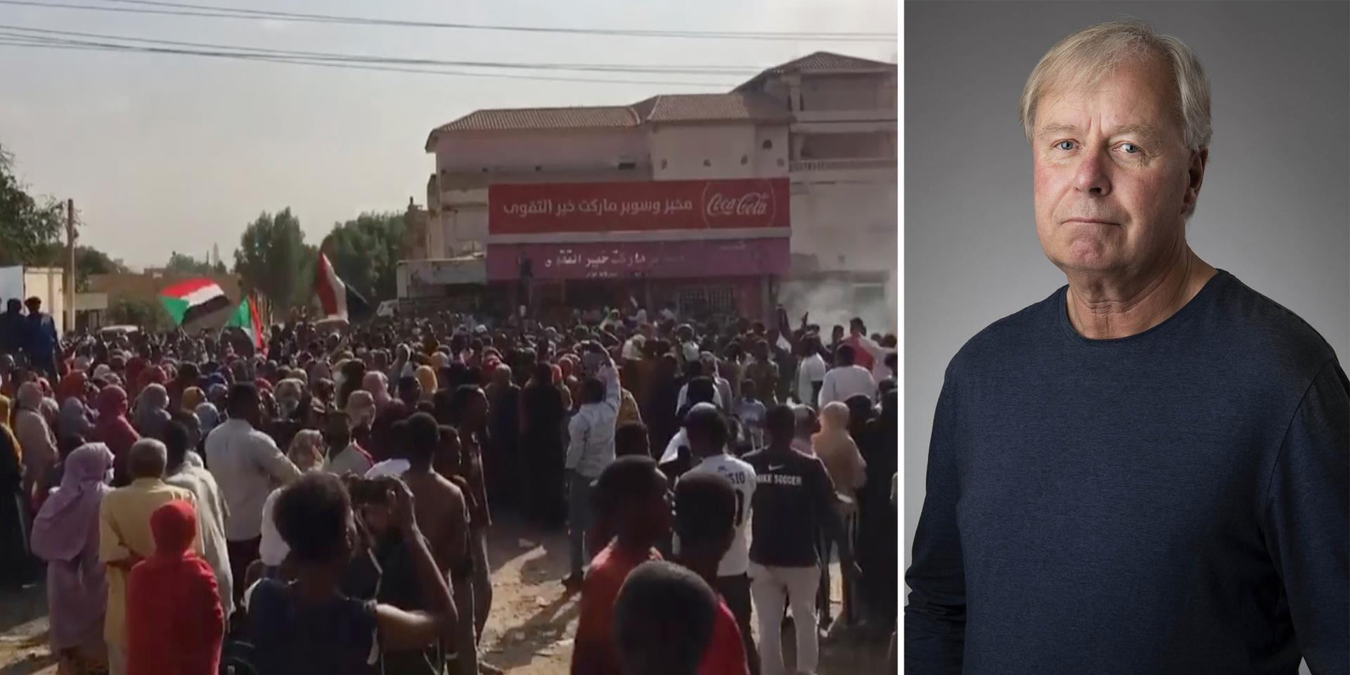 Protester i Sudans huvudstad Khartoum på måndagen med brinnande däck på gatorna. Landets ledande general Abdel-Fattah Burhan deklarerade undantagstillstånd bara timmar efter att militär arresterat premiärministern och stängt ner internet i en uppenbar kupp inför att landet planerade en övergång till civilt styre.