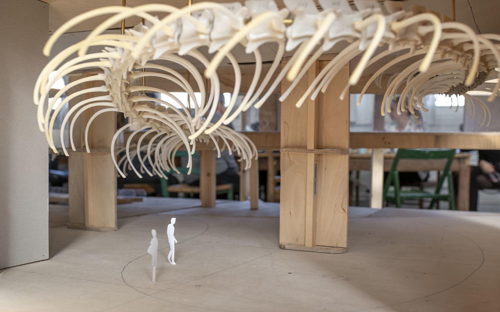 Konstverket är ett 318 meter långt pytonormskelett som slingrar sig genom hela Haga station, över och under jord. Här syns en 12 meter lång modell, som är upphängd i Huang Yong Pings studio i Paris.